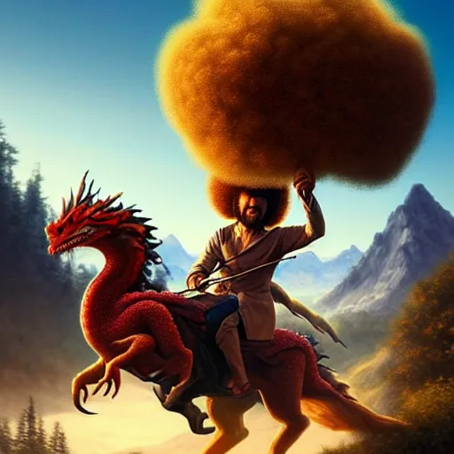 Image similar to bob ross!!! riding!!! a dragon!!, giant afro!, model pose, ultra realistic, concept art, intricate details, highly detailed, photorealistic, octane render, 8 k, unreal engine. art by artgerm and greg rutkowski and alphonse mucha