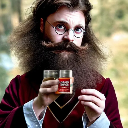 Image similar to harry potter with long beards and beautiful mustache, beard balm in his hand