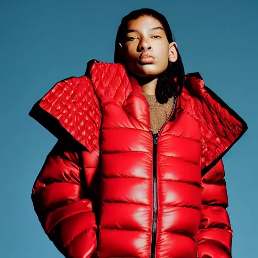 Image similar to realistic! photoshoot for a new balenciaga lookbook, color film photography, portrait of a beautiful woman wearing a puffer jacket, photo in style of tyler mitchell, fisheye lens