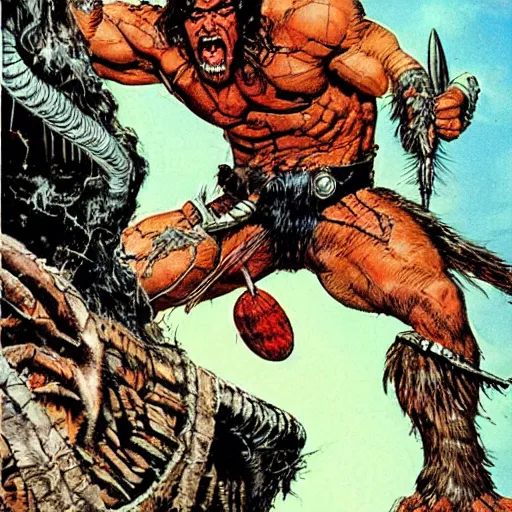 Image similar to “ conan the barbarian attacks a giant spider with red eyes ” val semeiks, barry windsor smith, john buscema, ernie chan, earl norem.