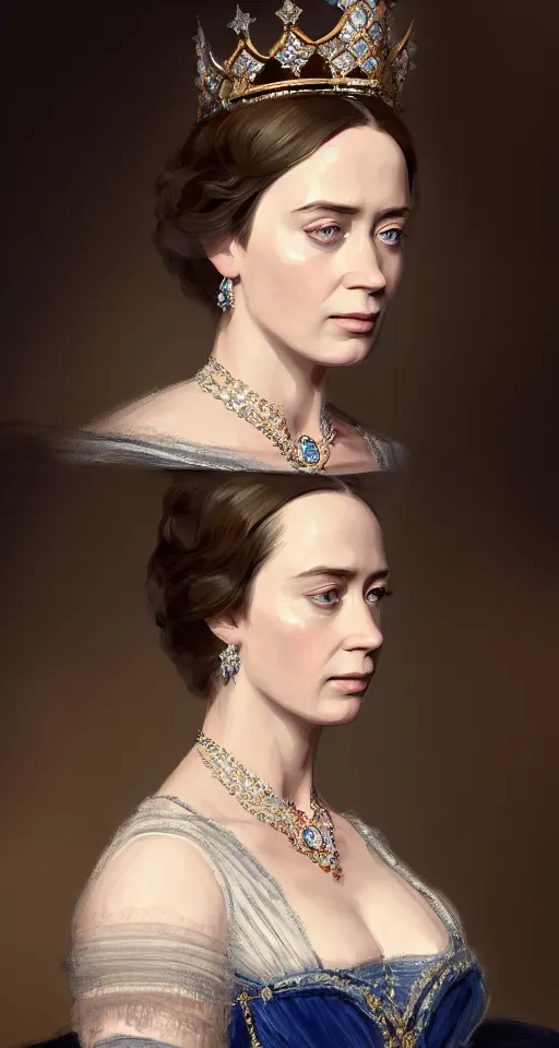 Image similar to portrait of emily blunt as queen victoria, jewelry, greek, sapphire, victorian age, 1 8 9 0, intricate, headshot, key visual, conceptart, ambient lighting, highly detailed, digital painting, artstation, concept art, sharp focus, by makoto shinkai and akihiko yoshida and greg manchess