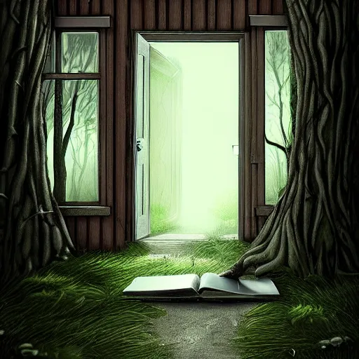 Image similar to a notepad as front door for a cottage in the woods, trending on artstation, detailed digital art, eerie thriller aesthetic!!!!,