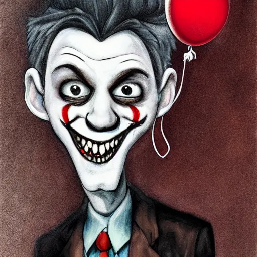 Prompt: grunge cartoon painting of pete davidson with a wide smile and a red balloon by chris leib, loony toons style, pennywise style, corpse bride style, horror theme, detailed, elegant, intricate