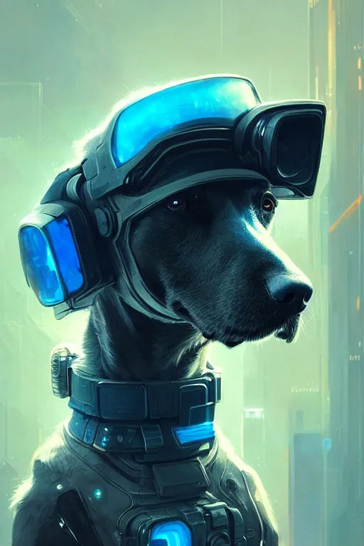 Prompt: a beautiful portrait of a cute cyberpunk dog with blue tinted view of space in the background by greg rutkowski and wlop, digital art, highly detailed, fine detail, intricate, ornate, complex