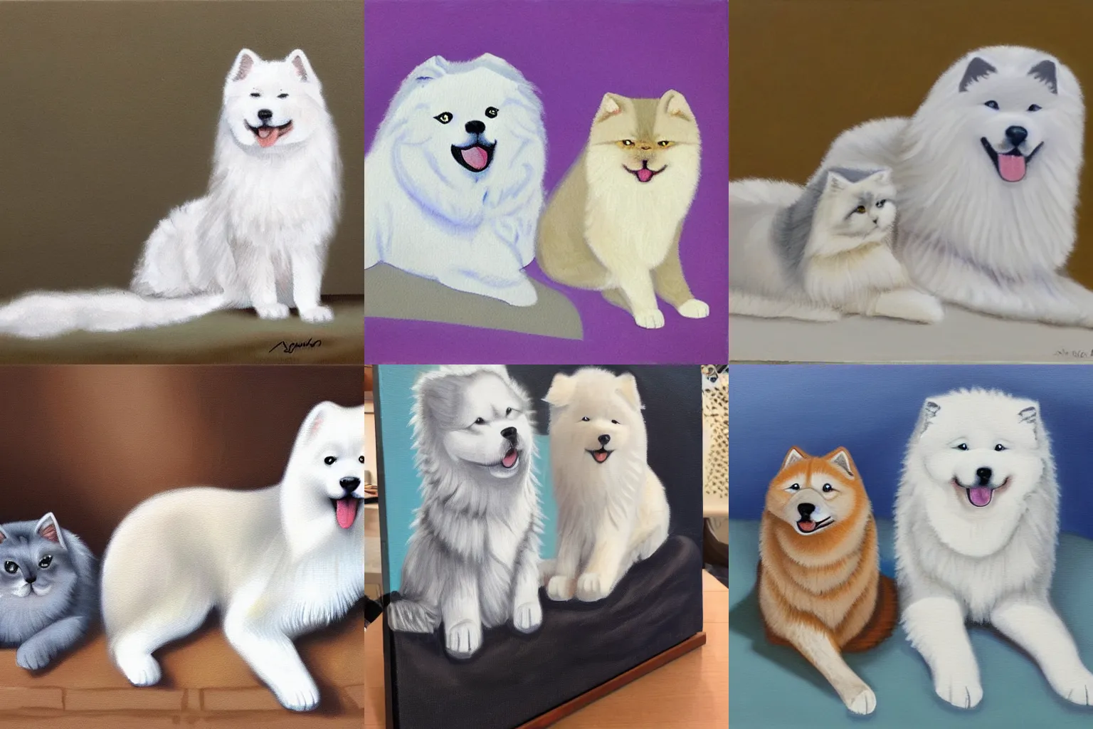 Prompt: a samoyed dog and a grey scottish fold cat sitting together, oild painting