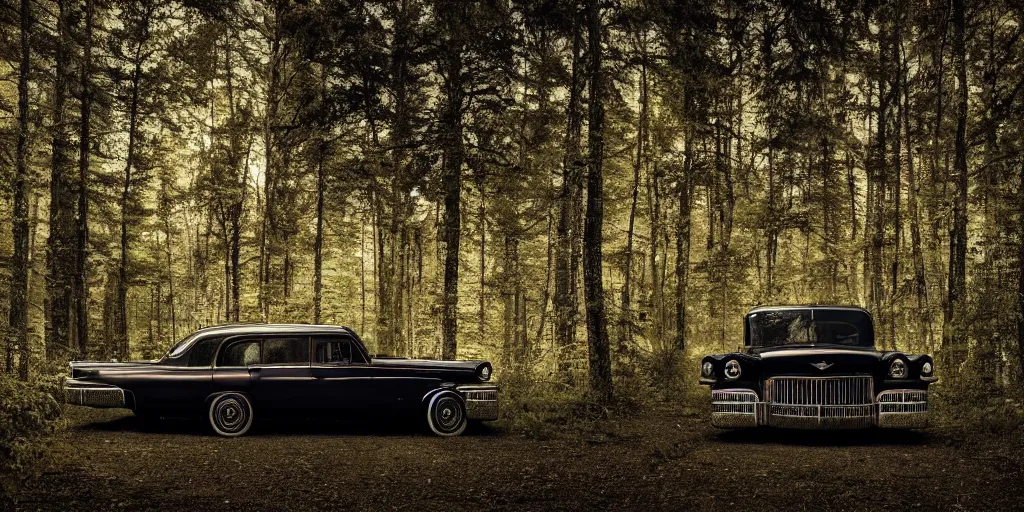 Prompt: a beautiful widescreen photo of a old cadillac in a dark forest, with a old laughing happy old man with long hair, long beard, in a dark forest low light, by dimitri mellos