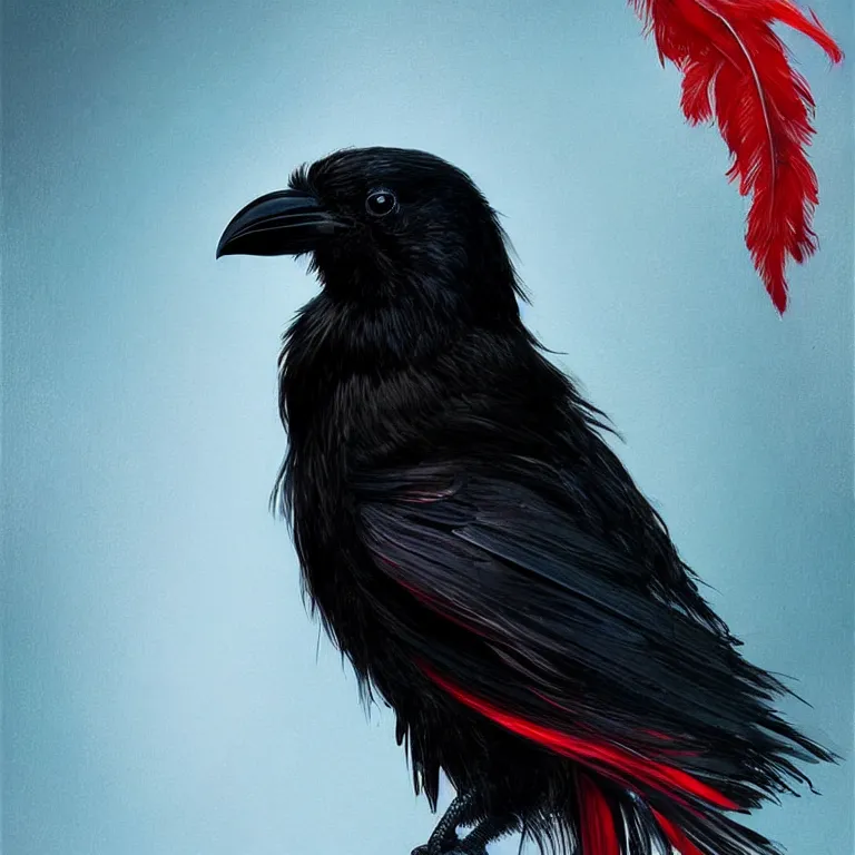 Prompt: beautiful black raven bird with long red feather highlights, cute, intricate, highly detailed, digital painting, trending on artstation, concept art, smooth, sharp focus, backlit, rim light, vivid colors, illustration, unreal engine 5, 8 k, art by rossdraws and alphonse mucha