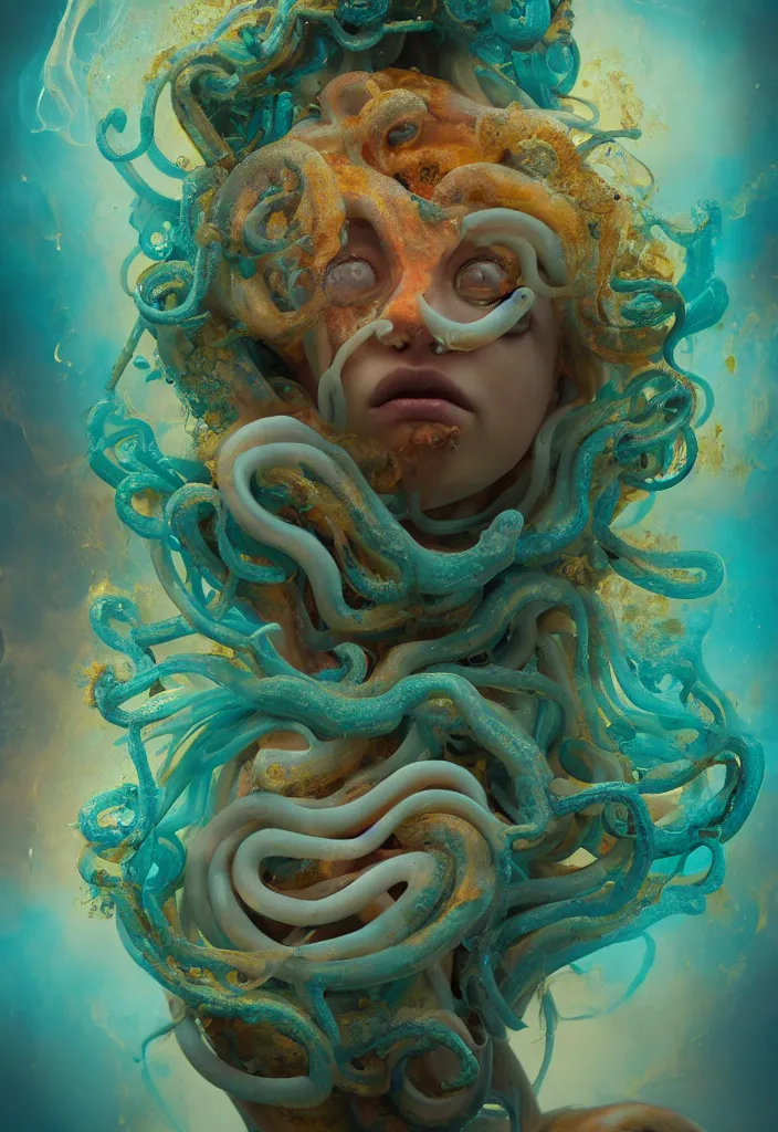 Image similar to subsurface scattering, medusa made of soft wax, cgsociety, translucent, organic squid and ceramic art nouveau swirls, golden orbs, colored smoke, in the style of alberto seveso and ruan jia and beeple and giger, mystical colors, back light, rim light, dramatic lighting, 8 k, stunning scene, raytracing, octane render