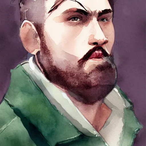 Image similar to Portrait of a handsome man with mutton chops, pale white face, long hair, un down, baggy eyes, tired face watercolor, brushstrokes, high detail, artstation