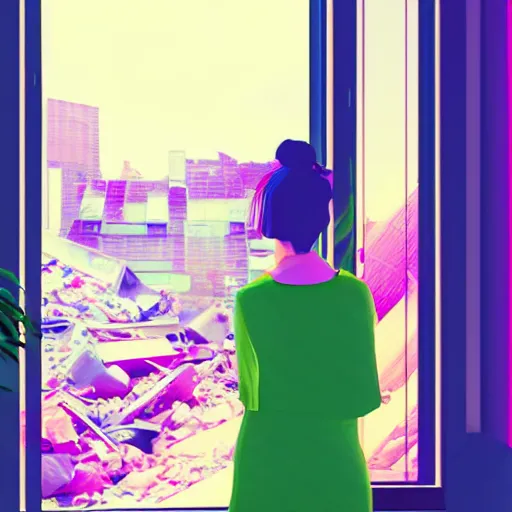 Image similar to girl looking out a window in a room full of garbage, highly detailed, vaporwave aesthetic