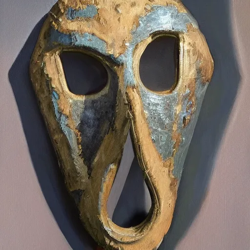 Prompt: oil painting of an old creepy mask made of wood