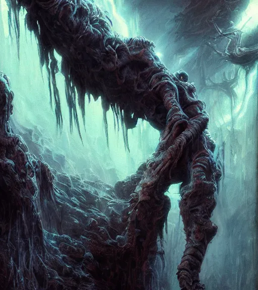 Image similar to realistic landscape beautiful concept art of cinematic movie scene when nebula mutate into facehugger. horror, created by gustave dore and greg rutkowski, high detailed, smooth draw, synthwave neon retro, intricate, realistic proportions, dramatic lighting, trending on artstation.