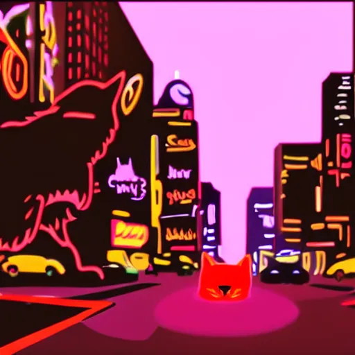 Image similar to neon city with a cat in the road cinematography