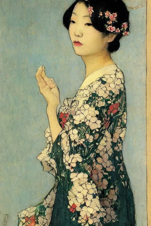 Image similar to close - up fashion asian woman portrait airy flowers clouds art by vasnetsov