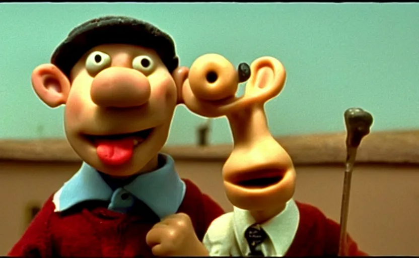 Image similar to Wallace smoking crack from a crack pipe in a still from the short movie A Grand Day Out (1989), Wallace and Gromit, Aardman Animations, claymation, 4k, high quality