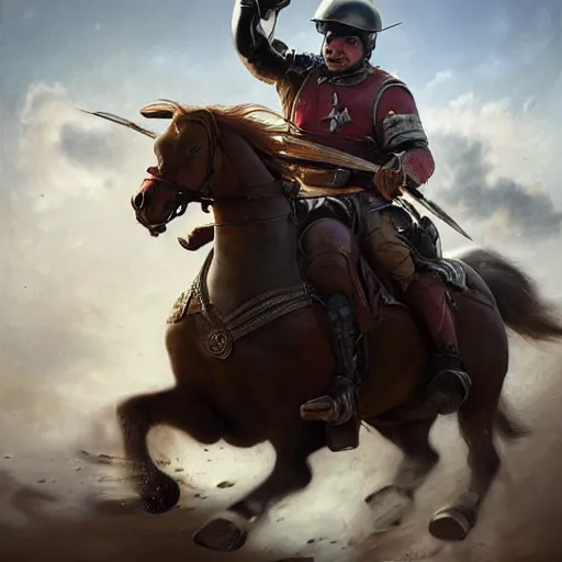 Image similar to hyperrealistic mixed media high resolution painting of Danny DeVito heroically riding into Civil War saddled upon a giant galloping duck, stunning 3d render inspired art by István Sándorfi and Greg Rutkowski, perfect symmetry, dim volumetric lighting, 8k octane beautifully detailed render, post-processing, extremely hyper-detailed, intricate, epic composition, highly detailed attributes, highly detailed atmosphere, cinematic lighting, masterpiece, trending on artstation, very very detailed, masterpiece, stunning, flawless structure, lifelike texture, perfection, hyperrealism,