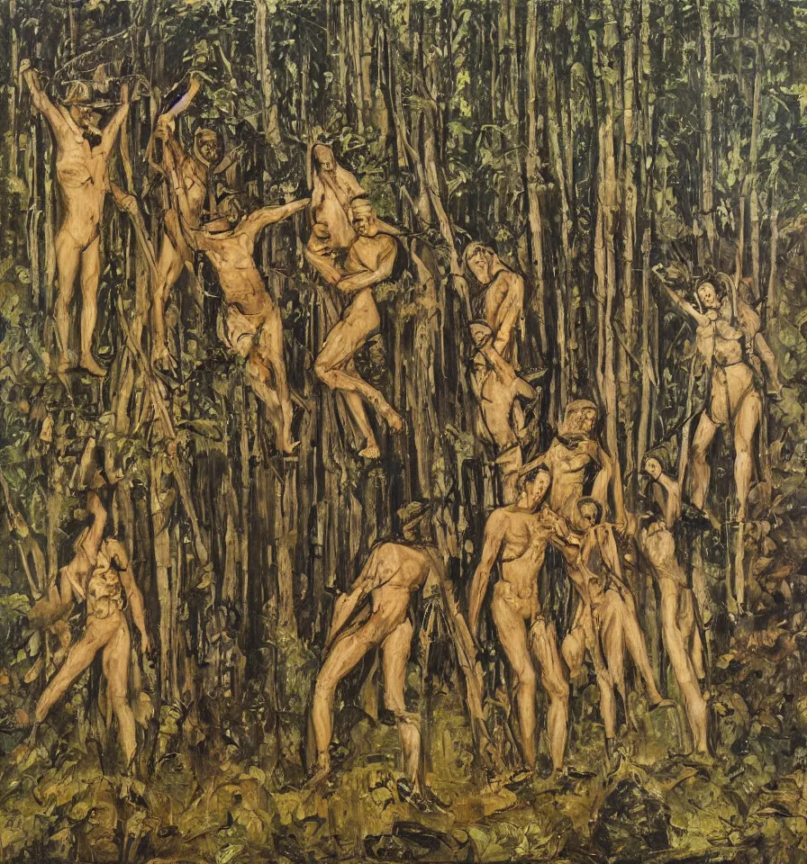 Image similar to four warrior angels lost in a forest painted by akseli gallen and ivanov vsevolod