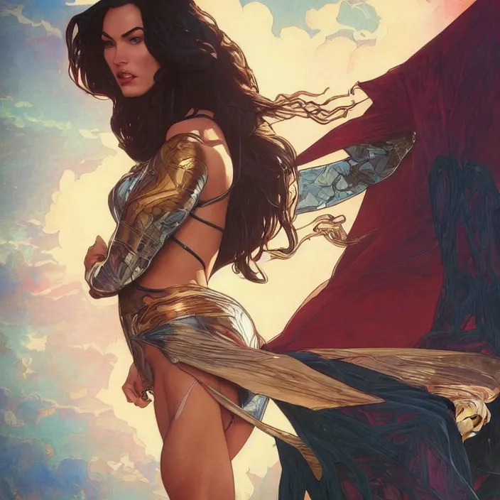 Image similar to megan fox as female superman shooting eye beams by artgerm, greg rutkowski, alphonse mucha