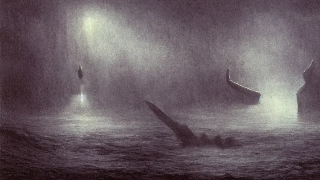 Prompt: environment in the ocean, a huge monster of the deep emerges out of the darkness of the deep ocean waters to attack a small submarine, tentacles, Beksiński, Achenbach, horror, cinematic lighting, Technicolor, crepuscular rays