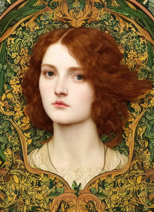 Prompt: masterpiece beautiful seductive flowing curves preraphaelite face portrait photography, extreme close up shot, straight bangs, thick set features, yellow ochre ornate medieval dress, laying amongst foliage mushroom forest circle arch, frederic leighton and kilian eng and rosetti, william morris and mucha, framed, 4 k