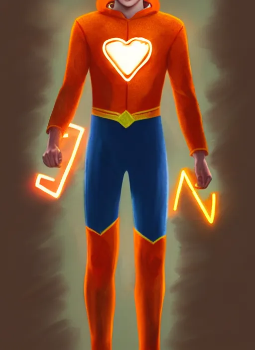 Image similar to kind teenage archie andrews wearing an orange superhero costume, freckles, superhero costume with heart emblem, cape, intricate, elegant, glowing lights, highly detailed, digital painting, artstation, sharp focus, illustration, art by wlop, mars ravelo and greg rutkowski