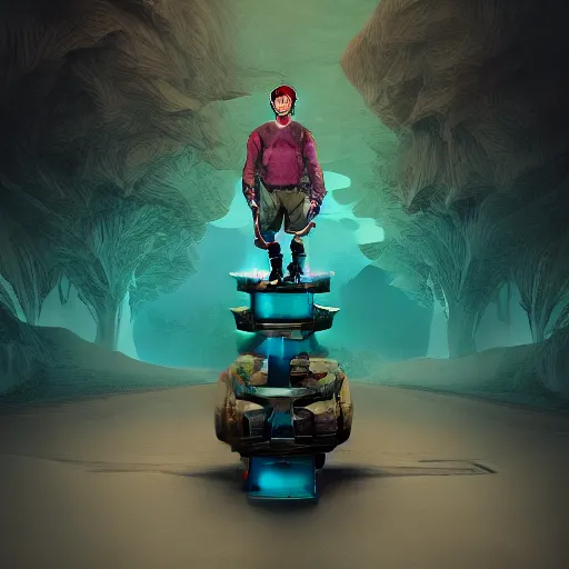 Prompt: beautiful symmetrical boy on a skateboard surrounded by machine axonometric fantasy intricate elegant highly detailed in volumetric turquoise steampunk, high contrast cinematic light, mystical shadows, octane render, photographic, unreal engine 8 k