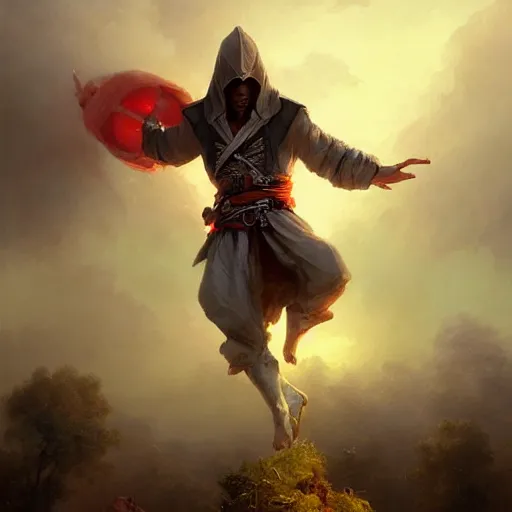 Prompt: ezio standing on a house falling into the hay bale made by ivan aivazovsky, peter mohrbacher, greg rutkowski volumetric light effect broad light oil painting painting fantasy art style sci - fi art style realism premium prints available artwork unreal engine