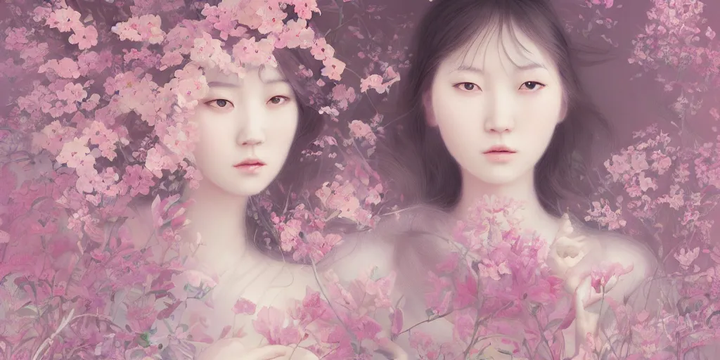 Image similar to breathtaking delicate concept art painting pattern blend of flowers and girls, by hsiao - ron cheng, bizarre compositions, exquisite detail, pastel colors, 8 k