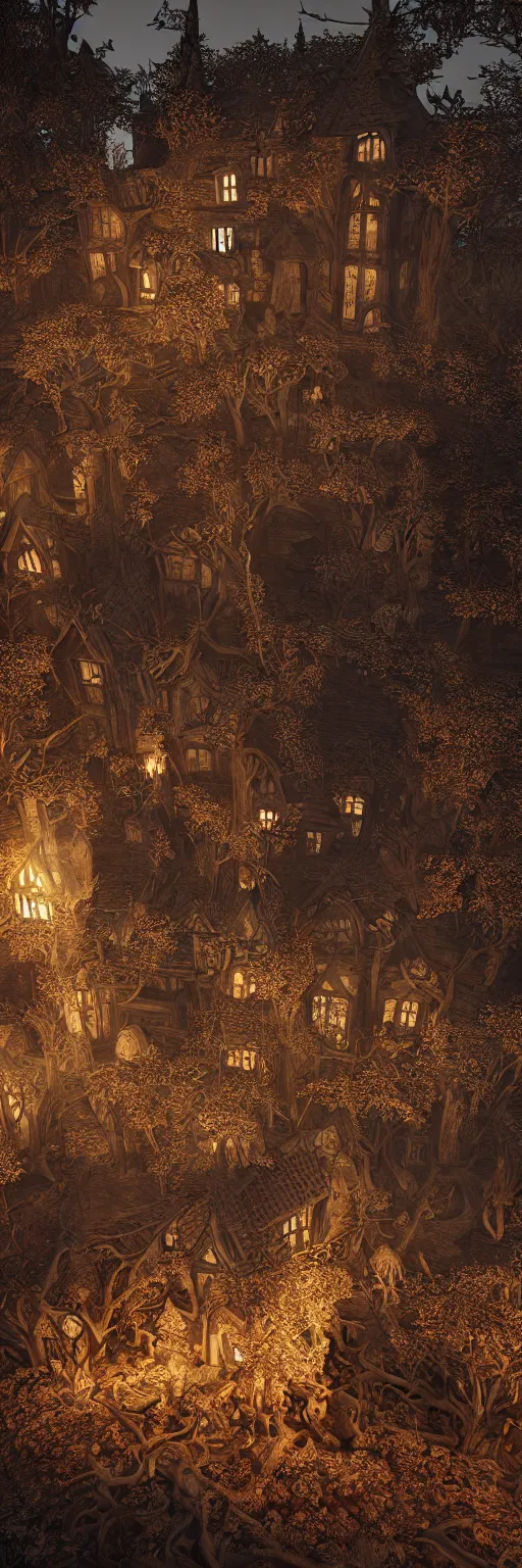 Image similar to a highly detailed old english tudor cottage in a scary pumpkin patch and graveyard, volumetric, fall colors, night, dead tree forest, pumpkins, moon, photorealistic, insanely detailed and intricate, epic scene, volumetric haze, hyper realistic, elegant, ornate, elite, horror, creepy, ominous, haunting, cinematic lighting, unreal engine, symmetrical, cinematic centered camera, high detail