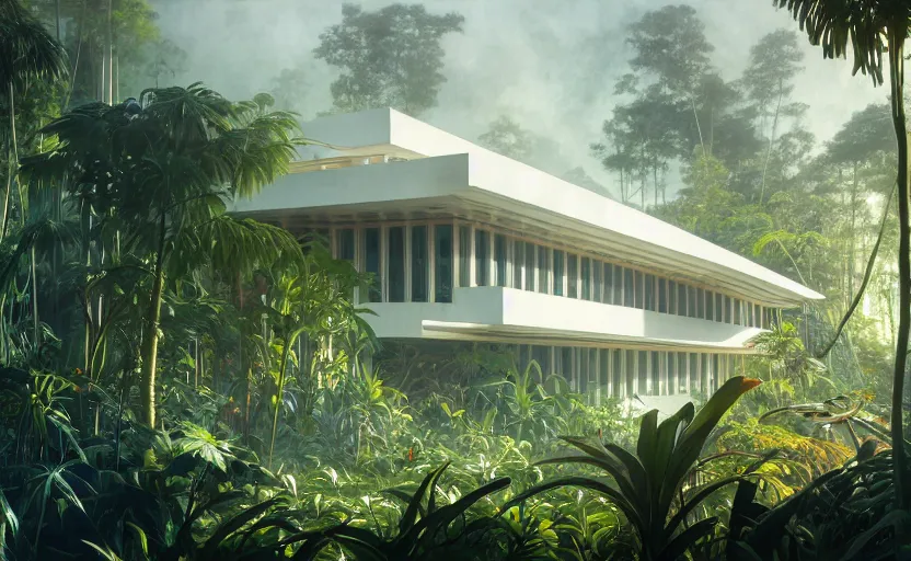 Image similar to painting of a wide angle exterior shot of a white modern architecture in the middle of a tropical forest with cinematic lighting by frank lloyd wright and renzo piano, darek zabrocki and greg ruthkowski, alphonse mucha, simon stalenhag and cinematic and blue cold atmospheric, archillect concept art, artstation, trending on artstation