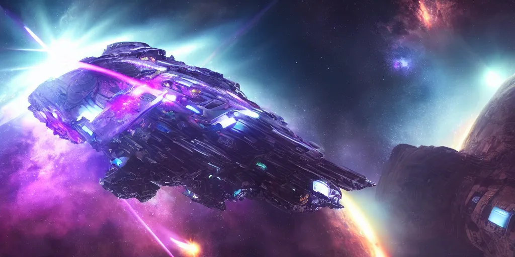 Prompt: A hi-tech capital spaceship preparing its laser weapons in space, purple space nebula, white stars in the background, dreadnought, warhammer 40K, realistic 4k octane beautifully detailed render, 4k post-processing, highly detailed, intricate complexity, epic composition, magical atmosphere, cinematic lighting, masterpiece, ultra hd