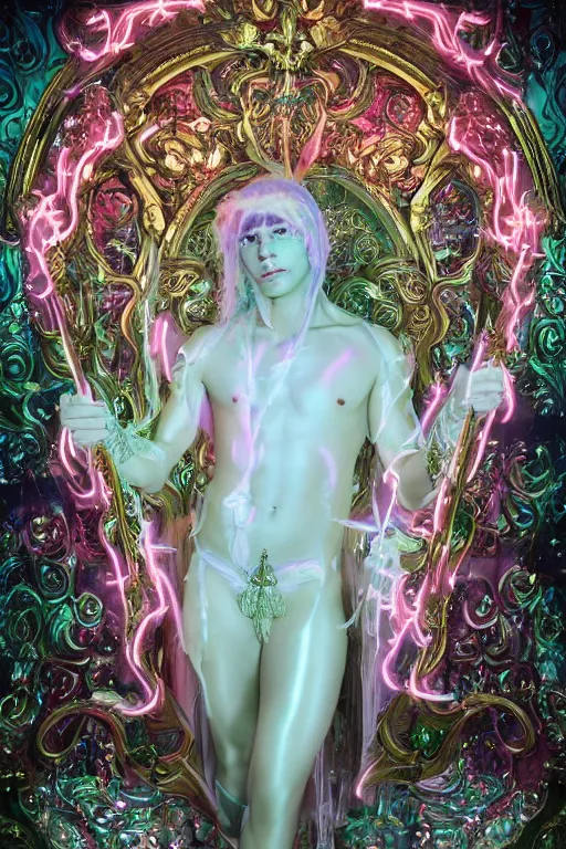 Prompt: full-body rococo and cyberpunk delicate neon crystalline sculpture of ((young muscular albino prince Jay Sean)) as an iridescent humanoid deity wearing a thin see-through ((plastic hooded cloak)) (holding a human skull) in a white castle dungeon, reclining con (((las piernas abiertas))), glowing pink face, crown of (white lasers), large diamonds, swirling black silk fabric. futuristic elements. oozing glowing liquid, full-length view. space robots. intricate artwork by caravaggio. Trending on artstation, octane render, cinematic lighting from the right, hyper realism, octane render, 8k, depth of field, 3D