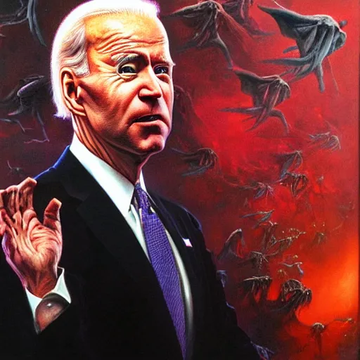 Image similar to epic Joe Biden in pandemonium, portrait, art by Wayne Barlowe, oil on canvas
