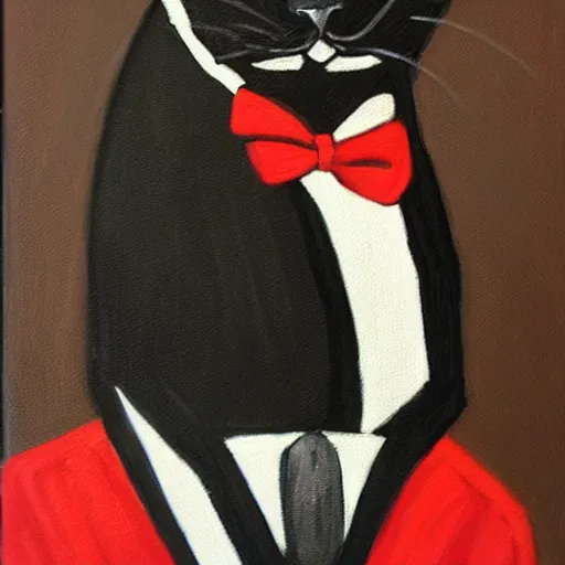 Image similar to portrait of a wise black cat scholar in a retro suit, beautiful oil painting
