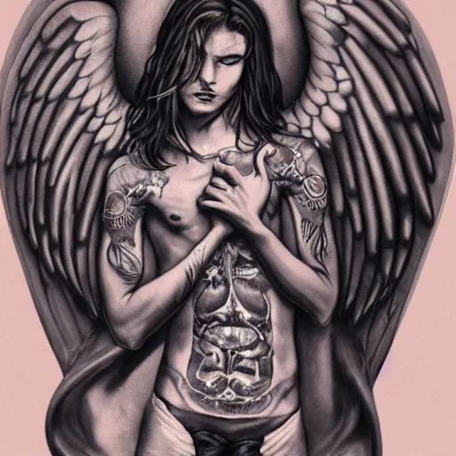 Image similar to beautiful androgynous fallen angel with tattoos on his body being cast from heavens, intricate, hd, high detailed, 4 k,