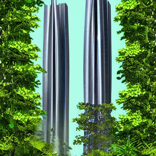 Image similar to Two futuristic towers with a skybridge covered in lush foliage, digital art