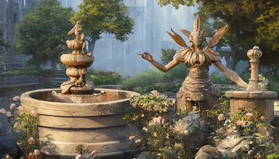 Prompt: craig mullins and studio ghibli illustration of a sculpture of the sun on top of a fountain in a garden, flowers, unreal engine, hyper realism, realistic shading, cinematic composition, realistic render, octane render, detailed textures, photorealistic, wide shot