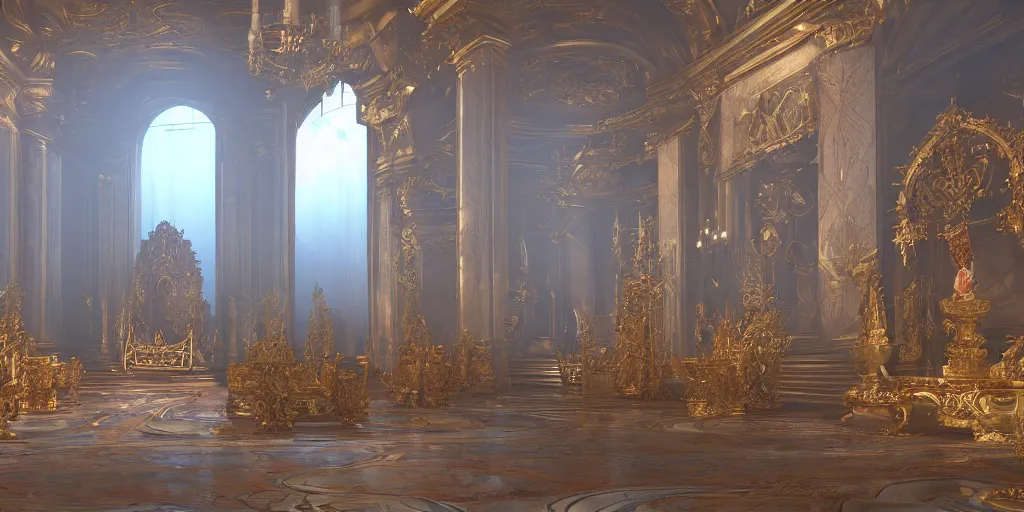 Prompt: a grand throne room by by feng zhu , unreal engine, god rays, ue5, concept art, wide angle, 4k hd wallpaper