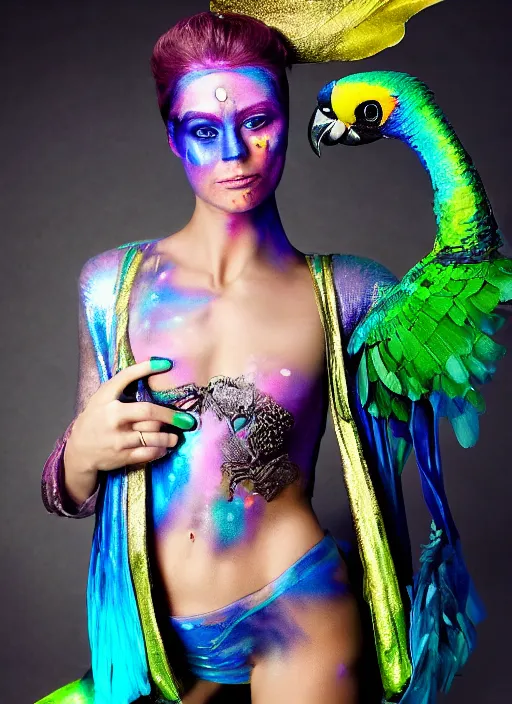 Image similar to a swashbuckling pirate! wearing iridescent body paint, posing with an iridescent parrot, fashion photo 2 0 2 2