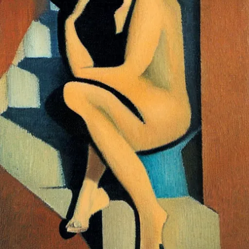 Prompt: an asian woman sitting on stairs, dark background, oil painting in style of Jean Metzinger