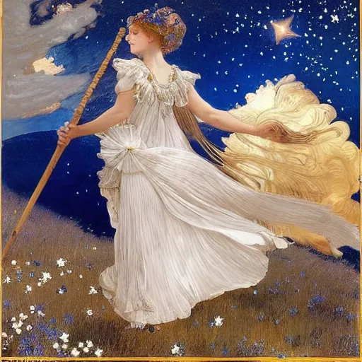 Prompt: the photograph features a woman with wings made of stars, surrounded by a blue and white night sky. the woman is holding a staff in one hand, and a star in the other. she is wearing a billowing white dress, and her hair is blowing in the wind. cool yellow by lawrence alma - tadema, by martine johanna mournful, cgi