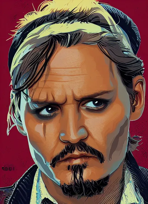 Image similar to highly detailed delirium face portrait of johnny depp by petros afshar, tom whalen, laurie greasley, war face by greg rutkowski