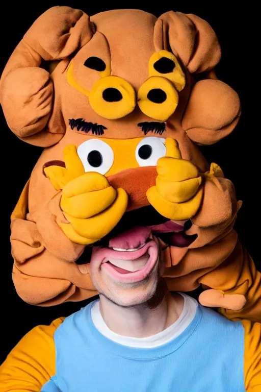 Image similar to portrait of Jacksfilms dressed in Garfield costume, cosplay photograph,