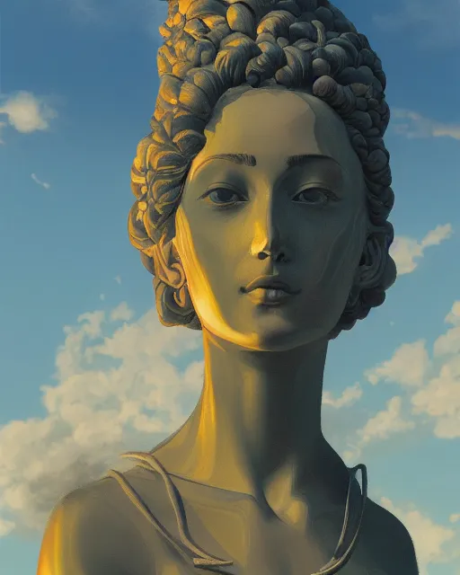 Prompt: a painting of a woman standing in front of a statue, a screenshot by stanley twardowicz, cgsociety, aestheticism, aesthetic, vaporwave, anime aesthetic