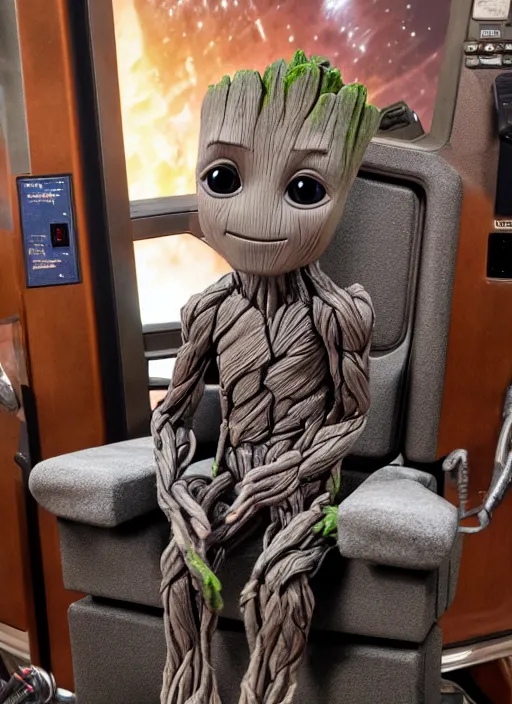 Image similar to baby groot sitting in the captains chair of the uss enterprise, photo realistic, centered in frame