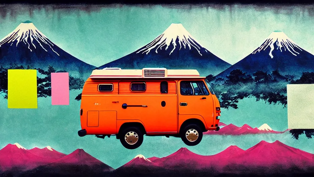 Image similar to japan various natural splendor and rural camper touring, a representational non - abstract collage painting, in the style of wes anderson, lola dupre, david hockney, isolated on negative space background dark monochrome neon spraypaint accents volumetric octane render