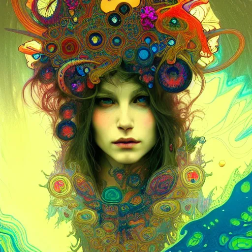 Image similar to An extremely colorful psychedelic experience, warping time and space, magic mushrooms, psilocybin, LSD, face, detailed, intricate, elegant, highly detailed, digital painting, artstation, concept art, smooth, sharp focus, illustration, art by Krenz Cushart and Artem Demura and alphonse mucha