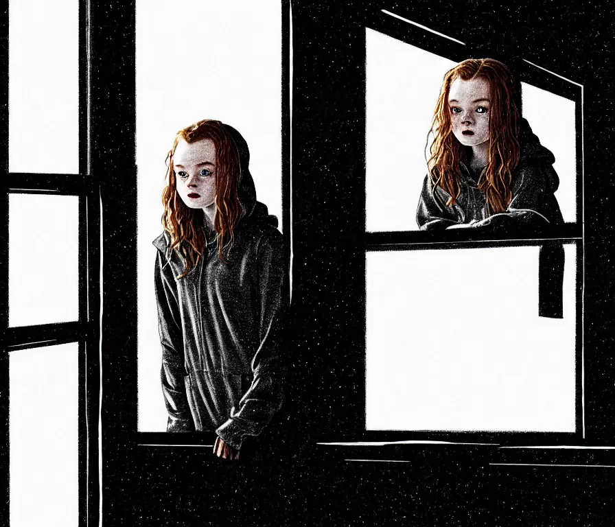 Prompt: sadie sink in hoodie sits on windowsill, knees tucked in | rain falls at night : storyboard, scifi cyberpunk. by saul bass, joe alves, j. todd anderson, chris bonura. cinematic atmosphere, detailed and intricate, perfect anatomy