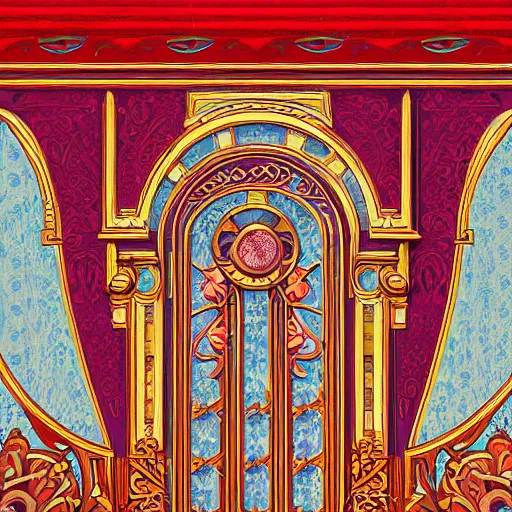 Image similar to symmetrical mural painting from the early 1 9 0 0 s in the style of art nouveau, red curtains, art nouveau design elements, art nouveau ornament, scrolls, flowers, flower petals, rose, opera house architectural elements, mucha, masonic symbols, masonic lodge, joseph maria olbrich, simple, iconic, masonic art, masterpiece