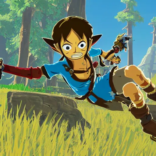 Image similar to a screencap of the legend of zelda breath of the wild, of one piece's luffy in breath of the wild